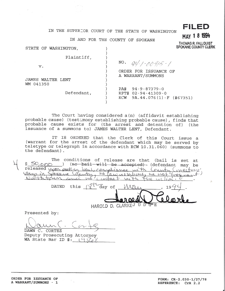 Order for Issuance, State of Washington, County of Spokane ss. James W