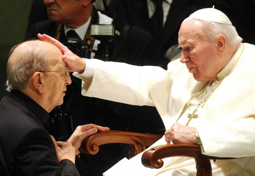 Pope John Paul II gives his blessing to father Marcial Maciel, founder of Christ's Legionaries, during a special audience the pontiff granted to about four thousand participants of the Regnum Christi movement in 2004.
