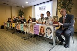 Members of Survivors Network of those Abused by Priests (SNAP), from left: Bert Smeets, Phil Saviano, Rita Milla, Megan Peterson, Pam Spees, Barbara Blaine, Winfried Fesselmann, Emmanuel Henckens and Peter Isely attend a press conference in Voorburg, near The Hague, Netherlands, Tuesday, Sept. 13, 2011. Clergy sex abuse victims upset that no high-ranking Roman Catholic leaders have been prosecuted for sheltering guilty priests brought their claims to the International Criminal Court, seeking an investigation of the pope and top Vatican cardinals for possible crimes against humanity. The Center for Constitutional Rights, a New York-based nonprofit legal group, requested the inquiry on behalf of the SNAP, arguing that the global church has maintained a