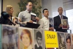 Members of Survivors Network of those Abused by Priests (SNAP), from left: Barbara Blaine, Winfried Fesselmann, Emmanuel Henckens and Peter Isely attend a press conference in Voorburg, near The Hague, Netherlands, Tuesday, Sept. 13, 2011. Clergy sex abuse victims upset that no high-ranking Roman Catholic leaders have been prosecuted for sheltering guilty priests brought their claims to the International Criminal Court, seeking an investigation of the pope and top Vatican cardinals for possible crimes against humanity. The Center for Constitutional Rights, a New York-based nonprofit legal group, requested the inquiry on behalf of the SNAP, arguing that the global church has maintained a