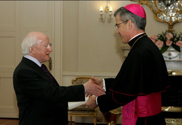 His Excellency the Most Rev Charles Brown presents his credentials to President Michael D Higgins at Aras an Uachtarain this week. Photograph: David Sleator/The Irish Times