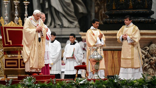 Pope Benedict XVI at Chrismal mass on Holy Thursday at St Peter's basilica at The Vatican. Source: AFP