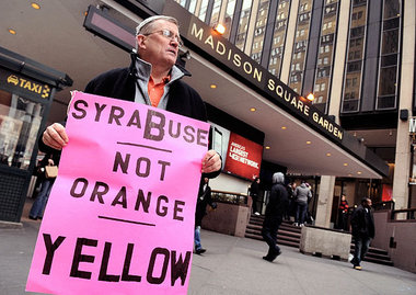 Former Catholic priest Robert Hoatson protests Syracuse University outside Madison Square Garden in New York City during the Big East Tournament in early March. Hoatson is founder of Road to Recovery, a New Jersey-based support organization for victims of sexual abuse. For years Hoatson focused his attention on abuse in the Catholic church. In November, the same month the Vatican granted his request to no longer be a priest, he launched himself into the Bernie Fine sex abuse scandal and the national media, calling for head coach Jim Boeheim to be fired.