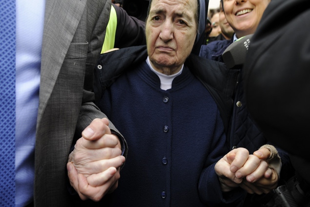 Sister Maria Gomez Valbuen outside Madrid court on Thursday. She's the only person to be charged in a case involving an alleged nationwide baby-snatching ring in Spain.