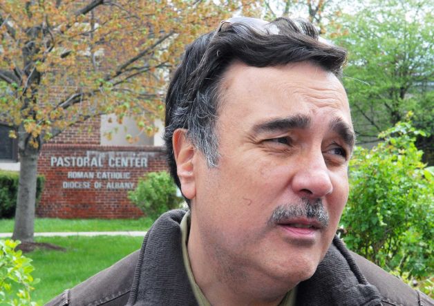 Ivan Morales Sr., of Cairo, father of alleged sexual abuse victims Martin Morales and his brother Ivan Morales Jr., during a news conference outside the Albany Diocesan headquarters in Albany Tuesday April 24, 2012. (John Carl D'Annibale / Times Union)