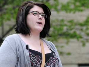 Winona State University student Megan Peterson, who said she was raped by a priest when she was 14, visited the Pastoral Center of the Diocese of Winona Tuesday, May 1, 2012, to present the bishop with a list of more than 100 names of priests and religious members accused of abuse who have served in Minnesota. (Andrew Link/Winona Daily News)