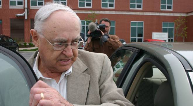 Former Roman Catholic priest Albert LeBlanc leaves Yarmouth Provincial Court Monday. LeBlanc was there for the opening day of his trial on sexual abuse charges dating back decades. (BRIAN MEDEL / Yarmouth Bureau)