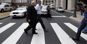 Monsignor William Lynn walks back to the Criminal Justice Center in Philadelphia before jury deliberations ended for the day on June 18, 2012. The jury ended a tenth day of deliberations in the child sex-abuse trial of two Philadelphia Catholic priests. ( DAVID MAIALETTI / Staff Photographer )