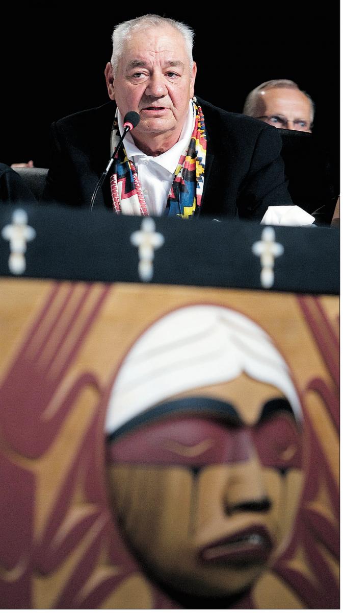 Ted Quewezance speaks to hearings at the Truth and Reconciliation Commission of Canada's Saskatchewan event in Saskatoon on Friday.