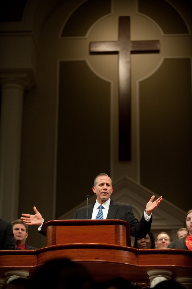 Hammond First Baptist Church's pastor, Jack Schaap, speaks to a full auditorium at the first day of the 47th annual international Pastors' School in 2010.