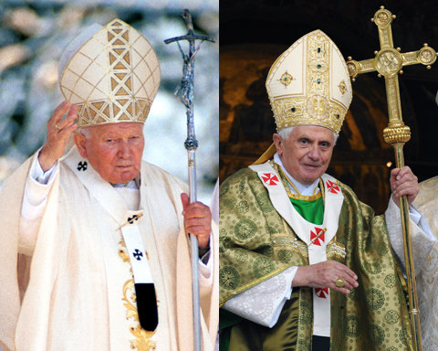Pope John Paul II, left; Pope Benedict XVI