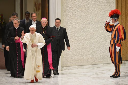 Pope Benedict XVI arrives for a meeting in November at the Vatican. Conspiracy theories about why he resigned are flying. (Alberto Pizzoli/AFP/Getty)