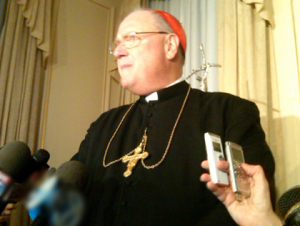 Cardinal Timothy Dolan with reporters – Feb. 11, 2013 (credit: Rich Lamb / WCBS 880)