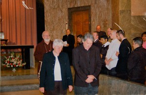 Clergy abuse survivor Bernie McDaid, front right, with Boston Cardinal Sean O’Malley in the background (Courtesy)
