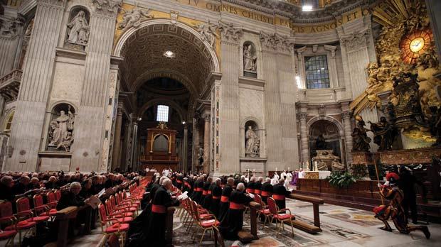 Cardinals praying at Saint Peter’s Basilica in the Vatican yesterday. Photos: Reuters