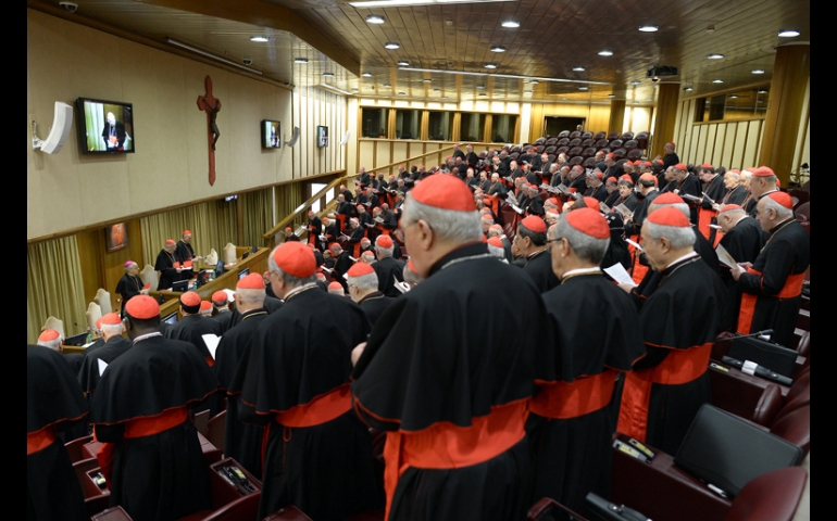 Cardinals gather in synod hall at the Vatican March 7 for one of several general congregation meetings held ahead of the conclave. (CNS photo/L'Osservatore Romano)