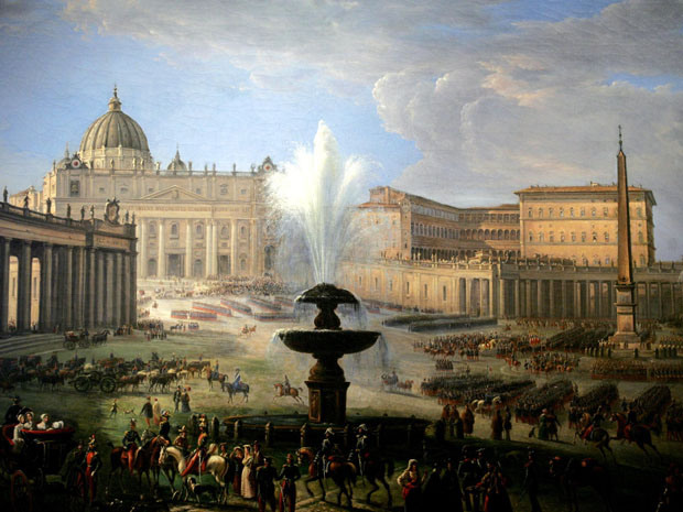 A painting by artist Michel Angelo Pacetti shows a parade of French troops on St. Peter' Square at the Vatican displayed during an exhibition of papal portraits from the Renaissance to Pope John Paul II in Rome in 2004. The Roman Catholic Church's real estate and art have not been properly evaluated, since the church would never sell them.