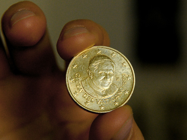 A 50-cent euro coin bearing the image of Pope Benedict XVI.