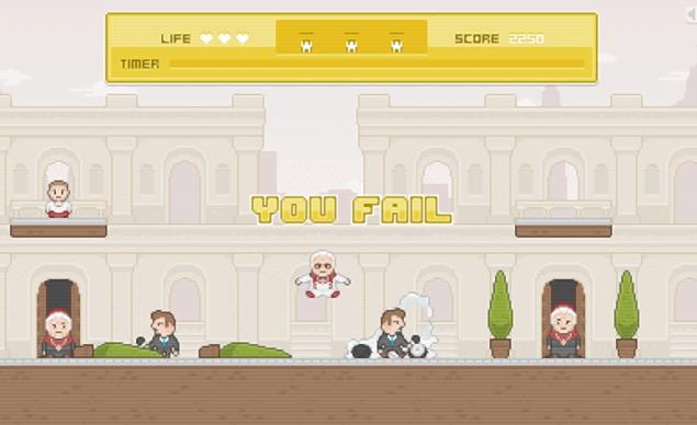 In the game, the Pope (center) collects boys (upper left) and must deliver them to cardinals (far left and right) while avoiding black-clad reporters and paparazzi.