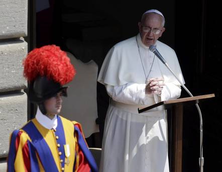 Pope Francis delivers the Angelus prayer at the Pontiff's residence of Castel Gandolfo, near Rome, Sunday July 14, 2013