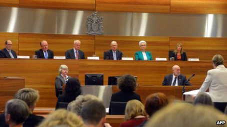Gail “Snow White” Furness addresses the six commissioners in Sydney