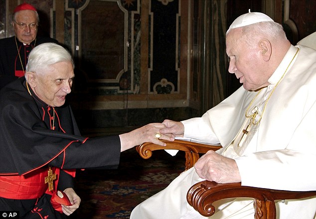 Big problem: The former Cardinal Joseph Ratzinger (left) was hamstrung by the unspoken policy of Pope John Paul II (right) against letting young men leave the priesthood