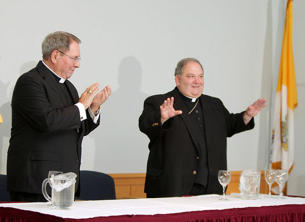 Newark Archbishop John J. Myers and co-Adjutor Bernard Hebda hold a news conference at the Archdiocese of Newark's Archdiocesan Center in Newark . 9/24/13 (John O'Boyle/The Star-Ledger)