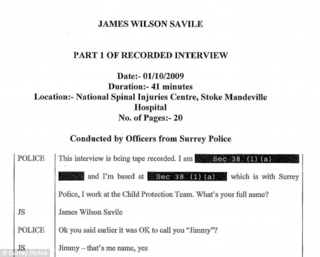 Surrey Police released this transcript of an interview with Jimmy Savile in October, 2009, following sexual assault allegations at Stoke Mandeville Hospital and a children's home