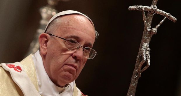 Pope Francis at St Peter’s Basilica at the Vatican yesterday. The investigator says the pope has asked his council of cardinals to overhaul the entire structure of the Vatican, including a review of the its economic affairs. Photograph: Tony Gentile/Reuters