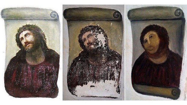 The original version of the painting Ecce Homo, left, by 19th-century painter Elias Garcia Martinez, the deteriorated version, centre, and the restored version, Photo: AFP