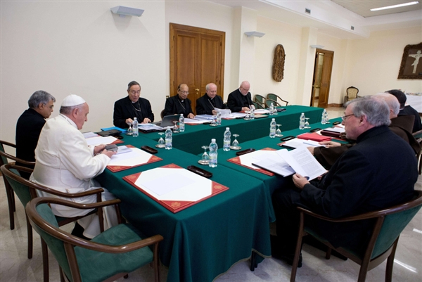 Pope Francis meets with a special commission of eight cardinals in this handout photo released by the Vatican press office on Dec. 3.