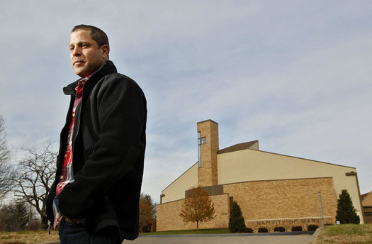 Jon David Couzens (pictured in 2011 in front of the Nativity of the Blessed Virgin Mary Church in Independence), whose case prompted a wrongful-death lawsuit against the Kansas City-St. Joseph Diocese that resulted in a $2.25 million settlement, is suing the Catholic League for Religious and Civil Rights. The lawsuit alleges that Catholic League President Bill Donohue published false statements about Couzens in news releases.