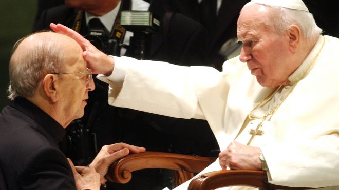 FILE - In this Nov. 30, 2004 file photo, Pope John Paul II gives his blessing to father Marcial Maciel, founder of Christ's Legionaries, during a special audience the pontiff granted to about four thousand participants of the Regnum Christi movement, at the Vatican. First, one of the Legion of Christ’s top officials abruptly quit the troubled religious order in frustration over the slow pace of change. Then priests in the cult-like movement empowered proteges of or associates of the order’s disgraced founder, the Rev. Marcial Maciel, to vote for their next leader. The past month has seen several problematic developments in the Legion’s efforts to rehabilitate itself as it moves toward electing a new leadership next month in what it hopes will be the culmination of a three-year Vatican experiment to overhaul a damaged order. Yet behind the scenes, high-ranking members continue to speak nostalgically and even reverently of Maciel _ a sexual predator who fathered three children and was, in the words of Vatican-appointed investigators, "devoid of scruples and authentic religious meaning." (AP Photo/Plinio Lepri, File) (THE ASSOCIATED PRESS)