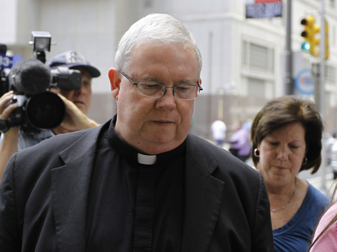 Monsignor William Lynn walks to the Criminal Justice Center before a scheduled verdict reading, on June 22, 2012, in Philadelphia.