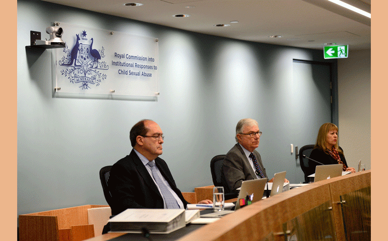 On Dec. 9 in Sydney, the Royal Commission Into Institutional Responses to Child Sexual Abuse holds a public hearing, chaired by Judge Peter McClellan (center), on the the Catholic church's Towards Healing national protocol. (Pool/Jeremy Piper)