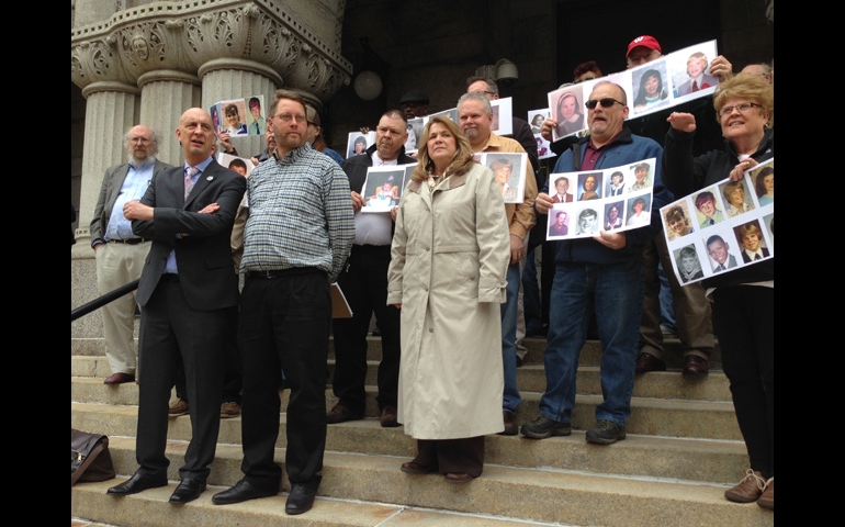 Clergy sexual abuse victims and their supporters demonstrate outside federal bankruptcy court April 17 in Milwaukee. (AP/M.L. Johnson)