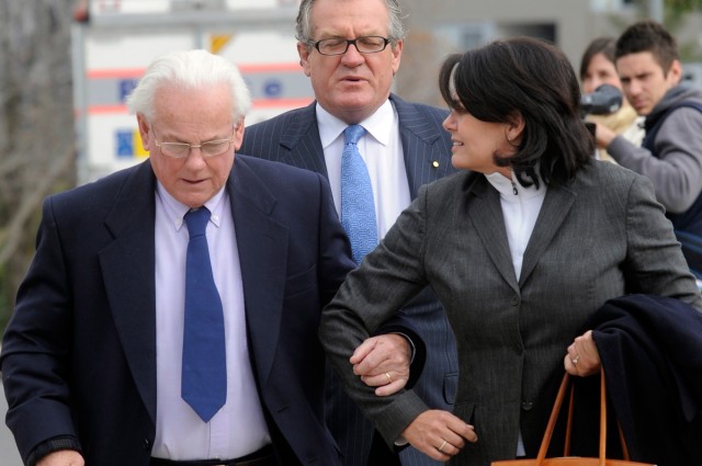 Retired Marist brother John Chute (left) leaving court in Canberra in 2008 after pleading guilty to 19 counts of committing an indecent act with a child between 1981 and 1987. Photo AAP Image/Alan Porritt