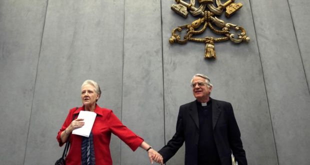Marie Collins, member of the Pontifical Commission for the Protection of Minors, and Vatican spokesman Fr Federico Lombardi, leave at the end of the first briefing at the Holy See press office at the Vatican last month. Photograph: Alessandro Bianchi/Reuters