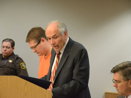 John Balyo with his attorney David Dodge and Calhoun County Prosecutor David Gilbert, right.