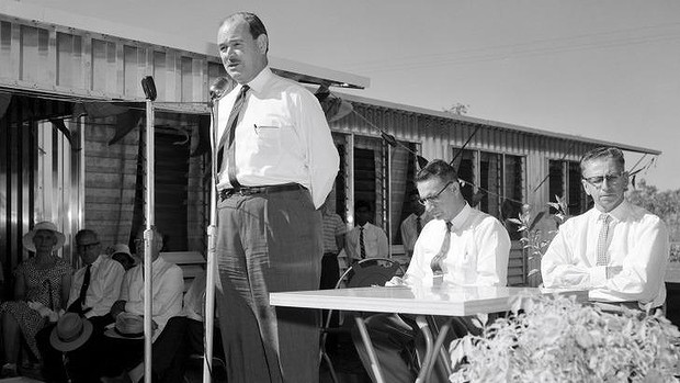 The then minister for territories Paul Hasluck opens new buildings at Retta Dixon Homes, Darwin, in 1961 to move its wards away from Bagot reserve. Photo: National Archives of Australia