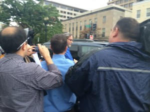 Rabbi Barry Freundel, mobbed by reporters as he is leaving D.C. Superior Court after his arraignment on six voyeurism charges on Oct. 15. (Photo by Dmitriy Shapiro)