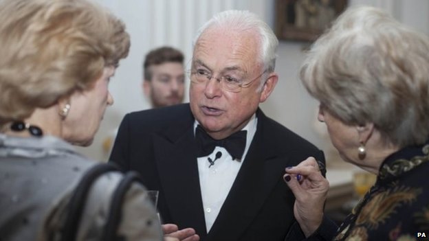 Fiona Woolf, left, and Lady Brittan, right, speak to ex-BBC newsreader Martyn Lewis last October