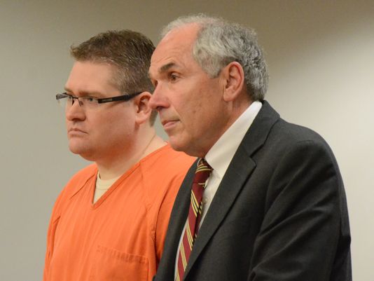 John Balyo at his Calhoun County rape sentencing earlier this year, with his attorney, David Dodge.