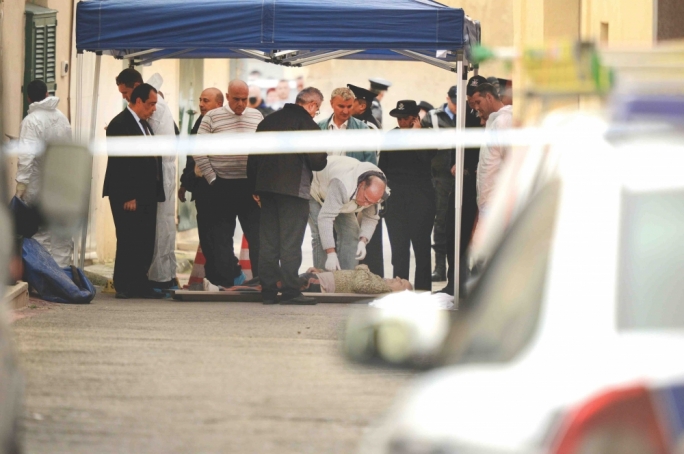 Crime scene – the dead body of Pietru Cassar, 'il-Haqqa', at the scene of the crime police investigation