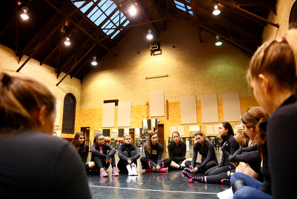 Members of the Boston College Irish Dance Club at their new dance studio, formerly the seminary’s gym.