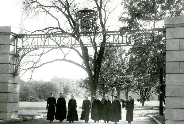 At an entrance to St. John’s Seminary, which opened in 1884 in the Brighton neighborhood of Boston, in 1959.
