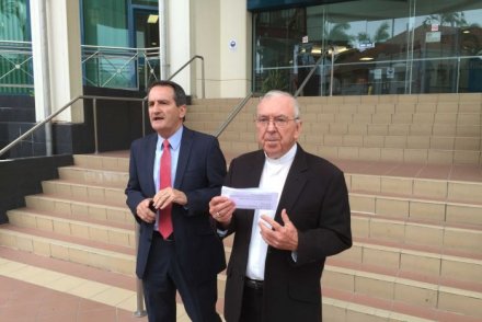 Bishop Heenan apologising outside the Royal Commission, which is sitting in Rockhampton. (Credit: ABC)