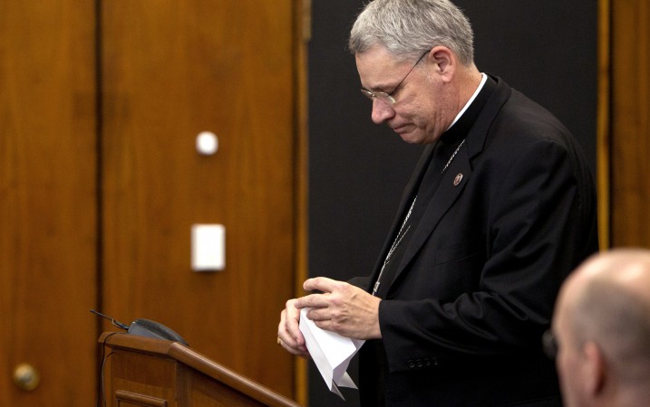 In this Sept. 6, 2012 photo, Bishop Robert Finn of the Diocese of Kansas City-St. Joseph addresses the judge during in a bench trial in Kansas City before being convicted of failing to take action in response to abuse allegations. On Tuesday, April 21, 2015 Pope Francis accepted Finn’s resignation under the code of canon law that allows bishops to resign early for illness or some “grave” reason that makes them unfit for office. (Tammy Ljungblad/The Kansas City Star via AP)