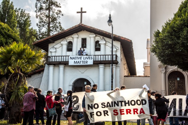 Native American demonstrators protest the proposed sainthood of Junipero Serra outside Mission Dolores in San Francisco, California.