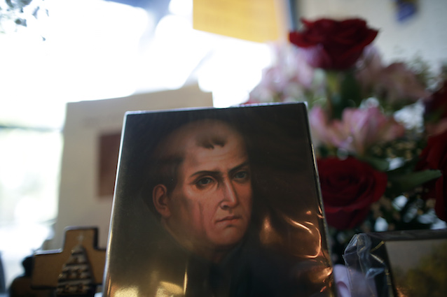 A portrait of Junipero Serra at a gift shop in San Diego.